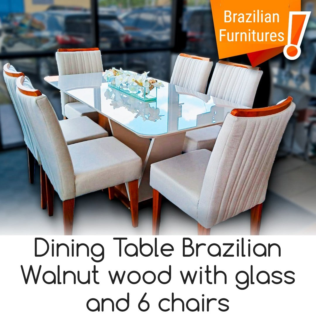 Dining Table Brazilian Walnut wood with glass and 6 chairs